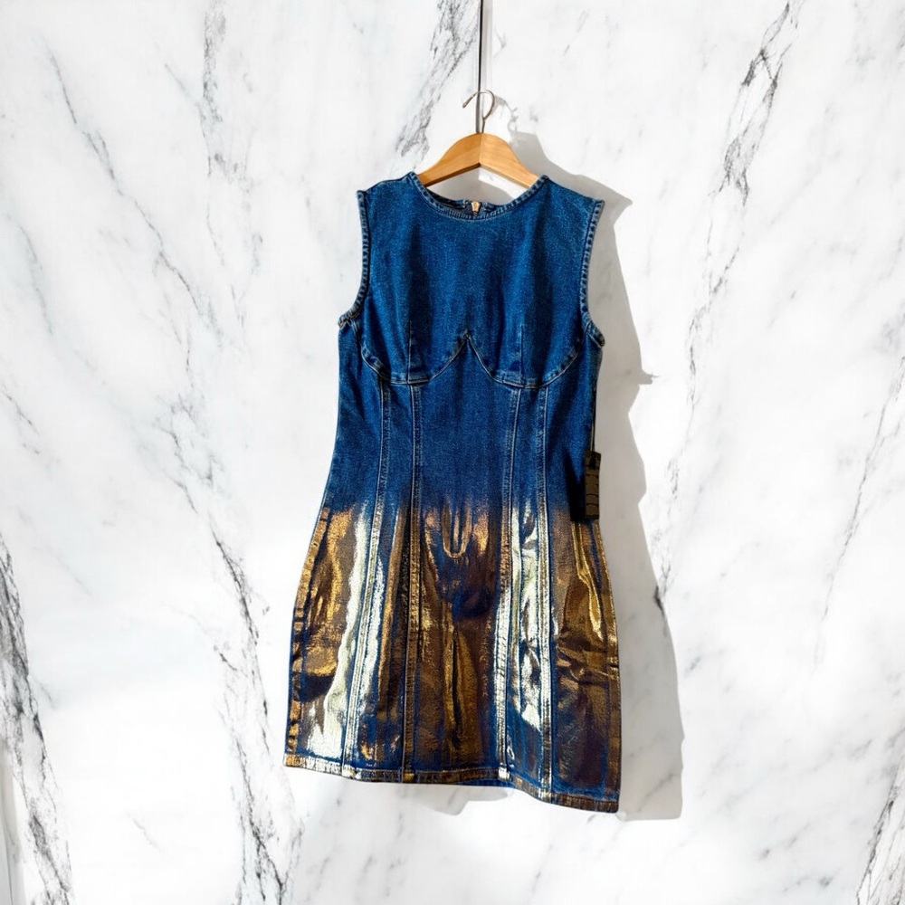 Forever 21 Blue and Gold Sheath Mini Dress Sleeveless Crew Neck
